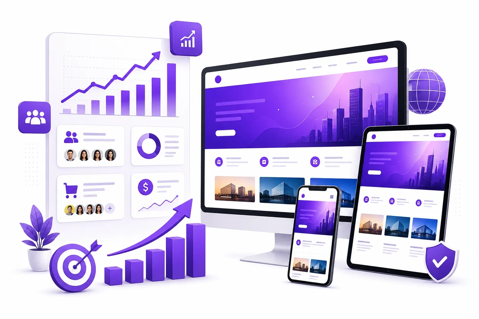 Affordable Web Design Services USA 1 A purple screen featuring a graph and business insights, emphasizing respnosive, powerful, and affordable website design services.