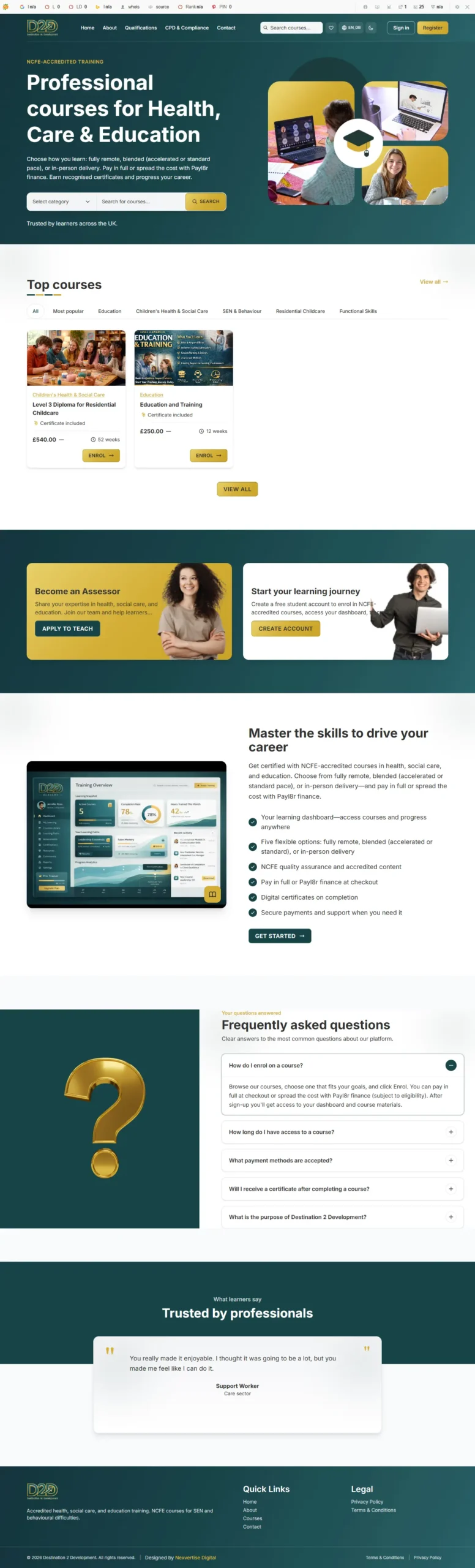 WordPress web design services 5 Destination 2 Development website showcasing affordable web design services for a UK-based NCFE-accredited online training platform in health, social care, and education