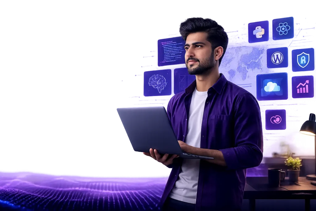 Professional IT instructor holding a laptop with web development, Python, React, WordPress, AI, and cloud technology icons representing online IT courses.