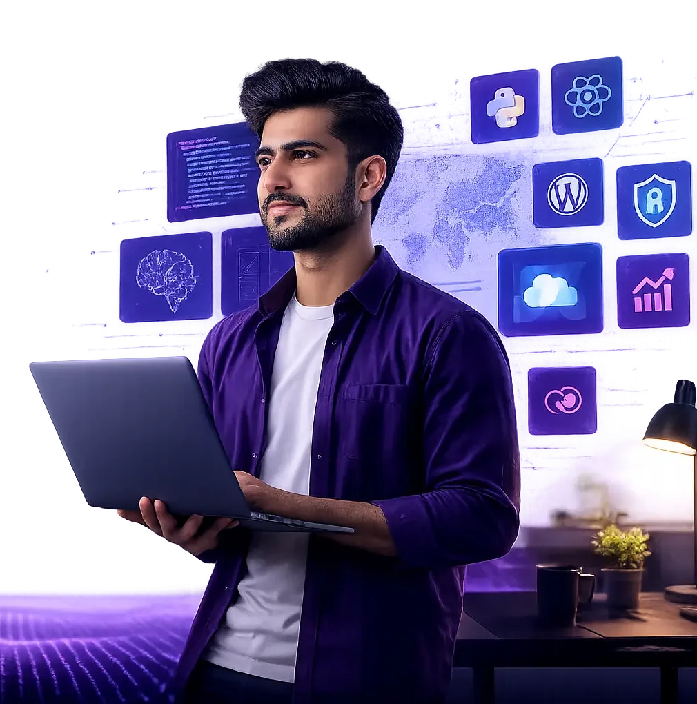 Professional IT instructor holding a laptop with web development, Python, React, WordPress, AI, and cloud technology icons representing online IT courses.