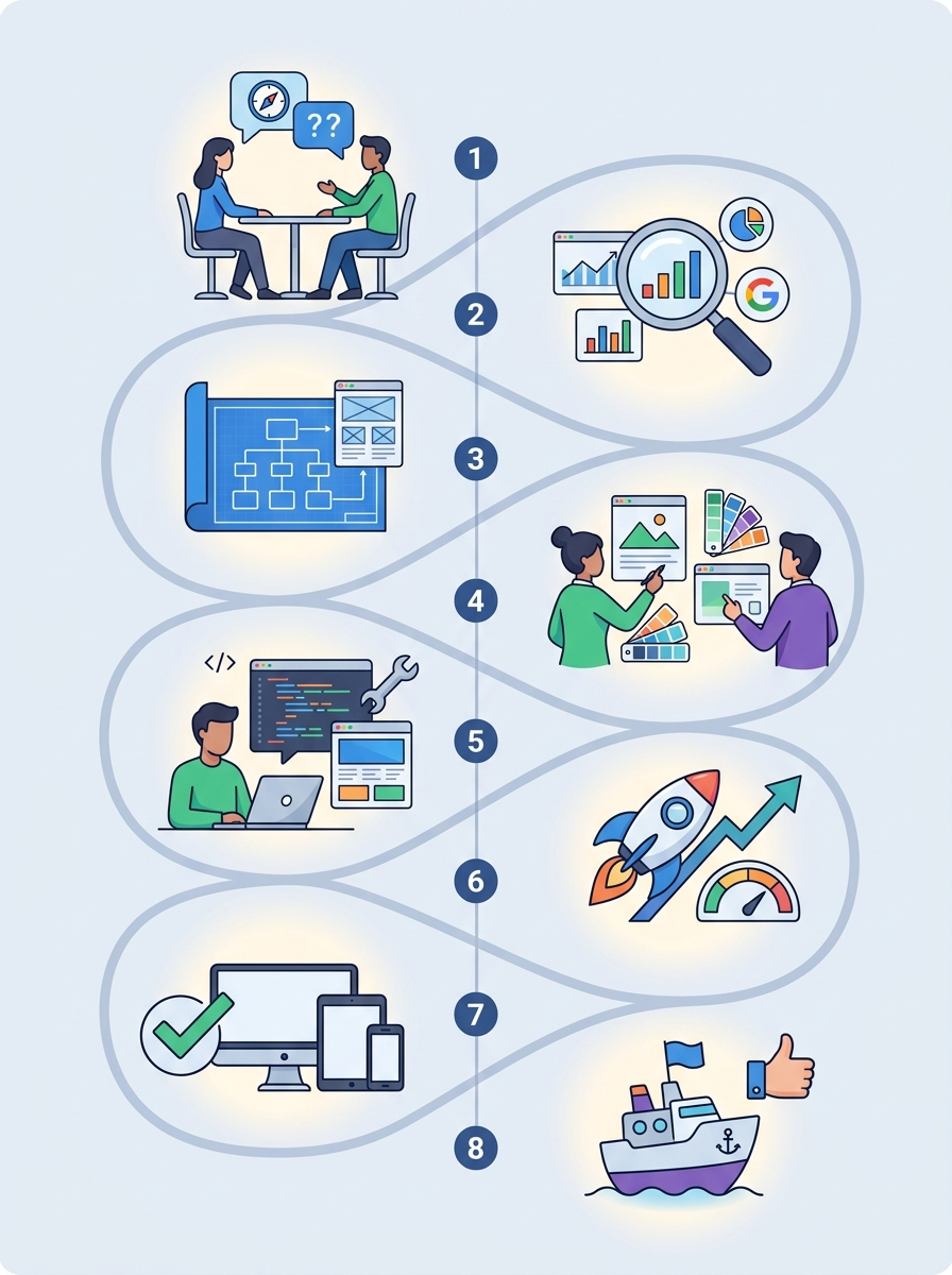 Step-by-step roadmap illustration outlining an 8-stage custom web design services process from strategy to website launch.