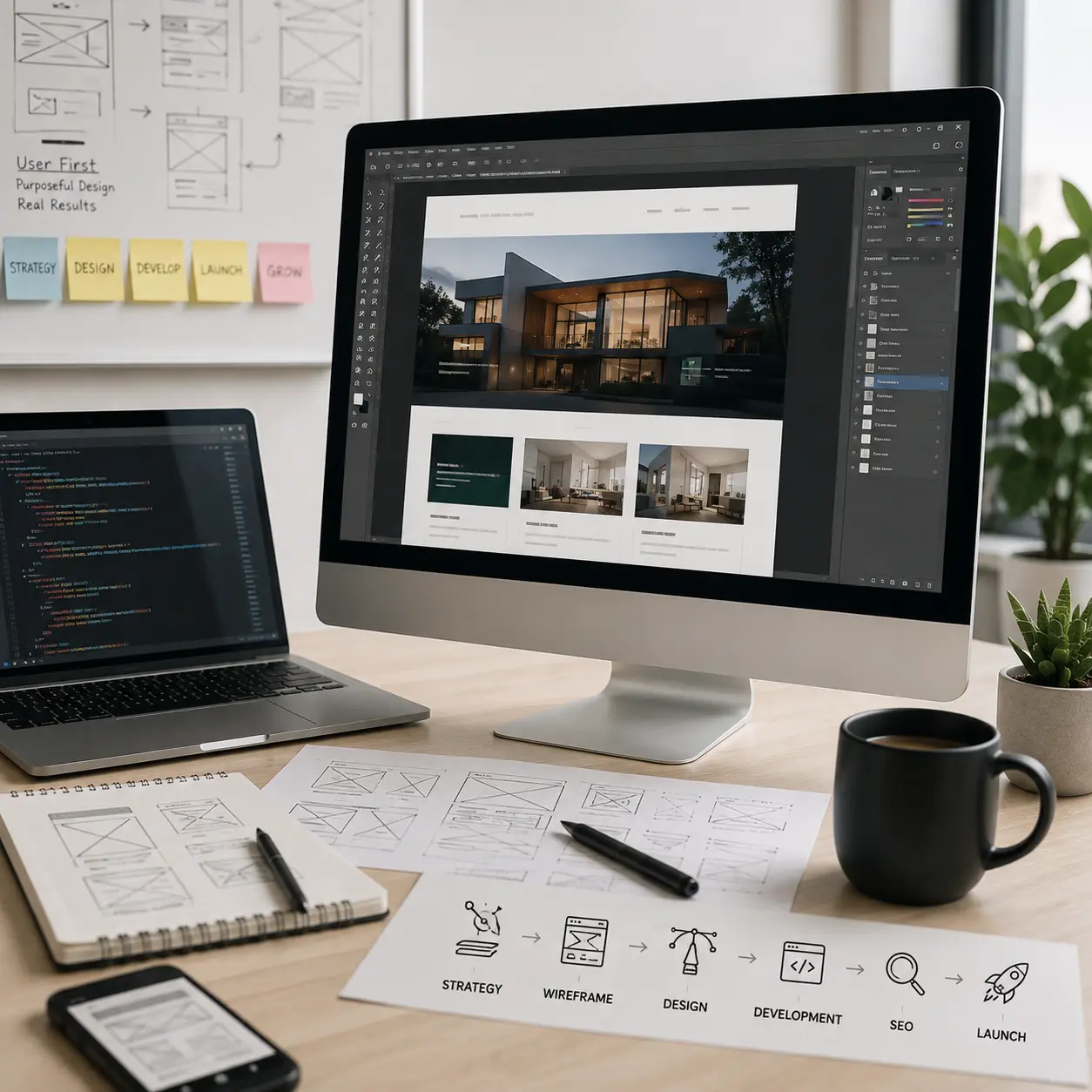 Web designer workspace showing custom website design, development, wireframes, and SEO planning