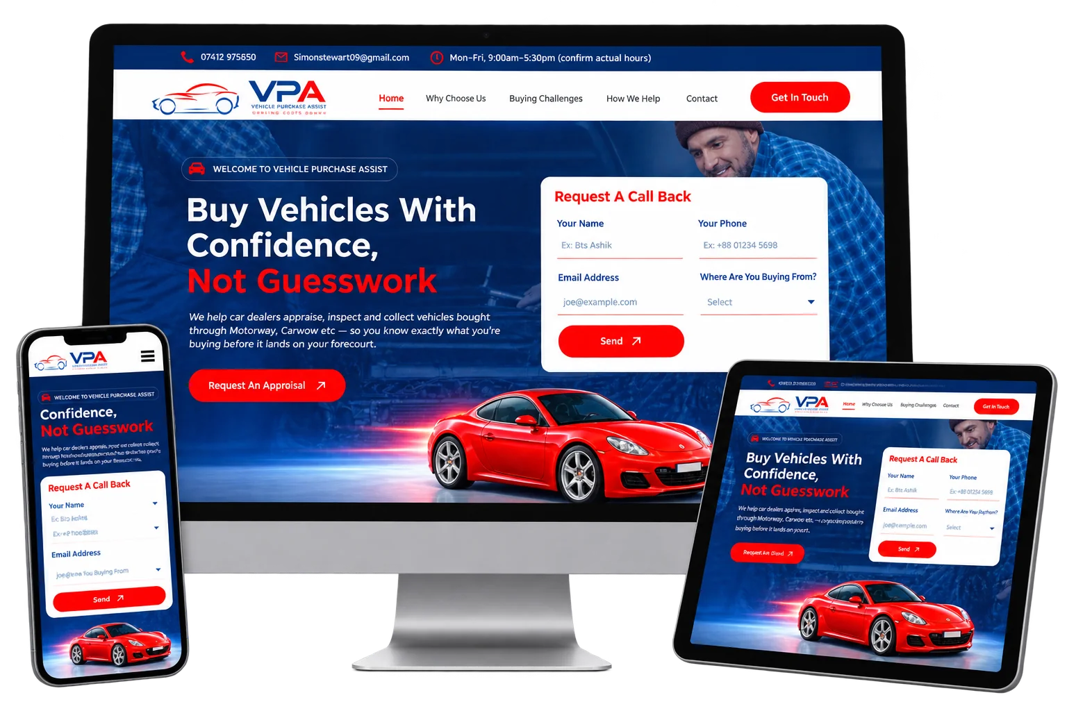 Affordable web design for VPA Vehicle Purchase Assist, showing a modern responsive website across desktop, tablet, and mobile screens with automotive services and vehicle appraisal features.