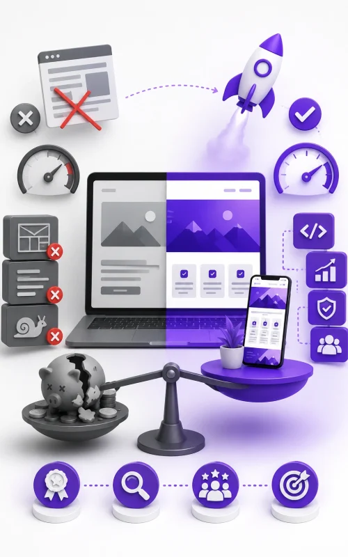 A laptop and phone surrounded by design icons, representing affordable web design services.