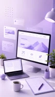 Pastel purple web design workspace with website mockups, analytics interfaces, and digital design elements